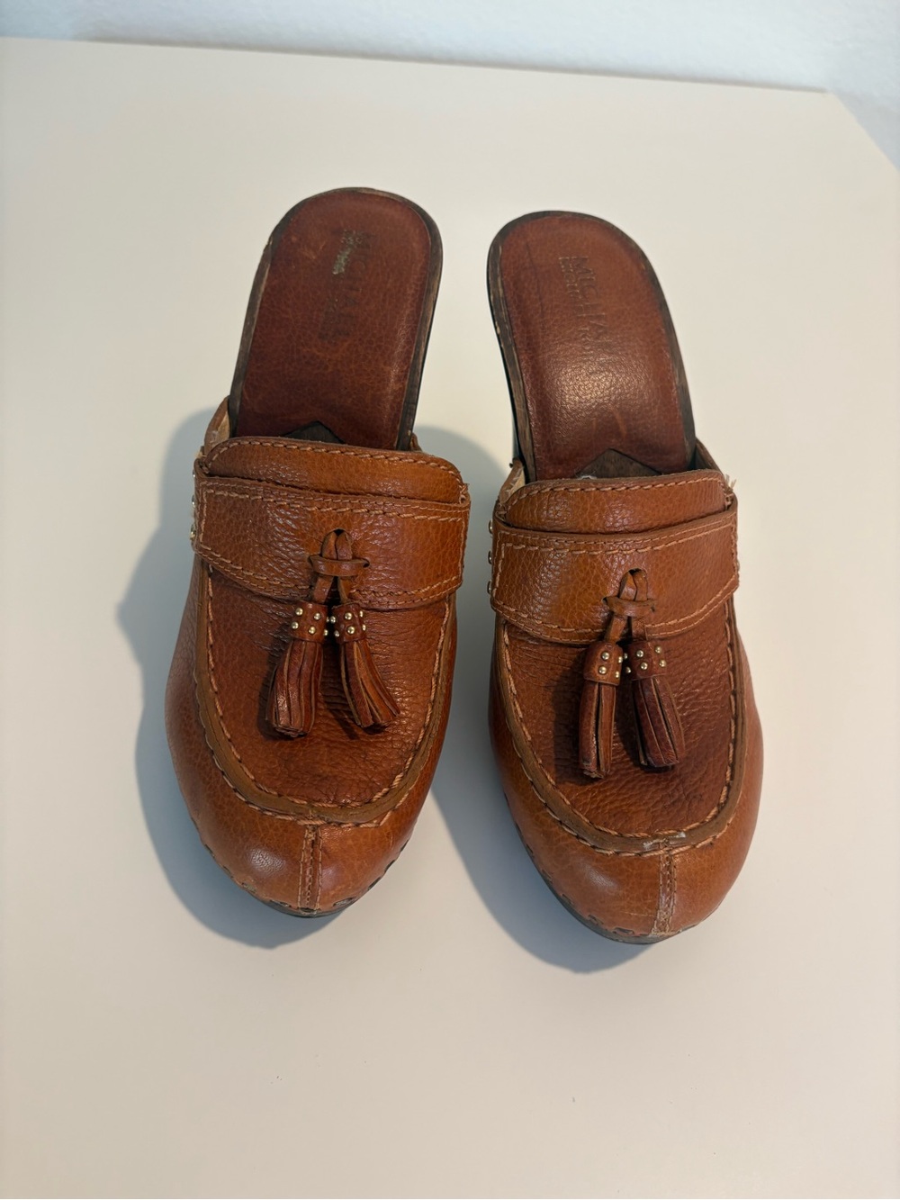 Michael Kors Brown Leather Tassel Mule Clogs Wooden Heel Size 7M - Picture 10 of 12